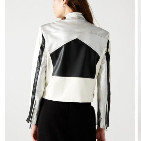 Steve Madden Helayna Faux Leather Silver/cream/black Moto jacket size small - Picture 3 of 12